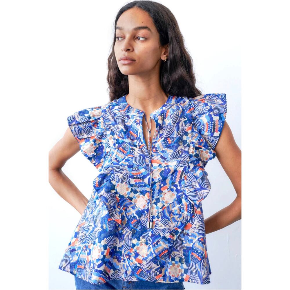 Chufy Dekker Mosaic Flutter Sleeve Gone Jammin Top Blue Multi Guipure Size XS - Picture 2 of 11